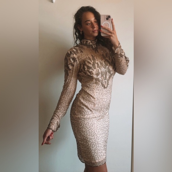 Vintage 70s Beaded Embroidered Sheer Long Sleeve Open Back Cocktail Party Dress - Picture 5 of 17